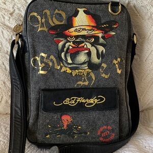 ED HARDY BY CHRITIAN AUDIGIER LARGE VERTICAL MESSENGER BAG BULLDOG DENIM/CANVAS